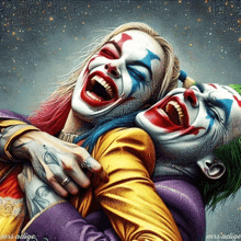 a joker and harley quinn are hugging and laughing together