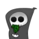 a grim reaper with a green leaf in his mouth .