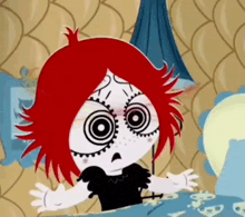 a cartoon girl with red hair is sitting on a bed with her arms outstretched