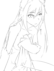a black and white drawing of a girl with long hair