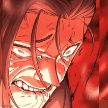 a close up of a cartoon character 's face with a very angry expression .