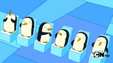 a cartoon of penguins sitting on ice cubes with cn hd written on the bottom right