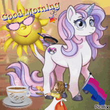 a picture of a unicorn and a little girl with the words good morning on it