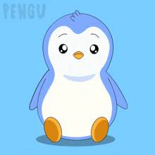 a blue and white penguin is sitting on a blue background