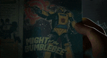 a transformer robot is standing in a dark room with a shark in the background