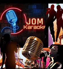 a group of people are singing in front of a sign that says jom karaoke
