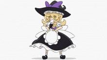 a cartoon character wearing a black and white dress and a purple hat