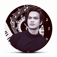 a clock with a picture of a man and music notes on it shows the time as 4:20