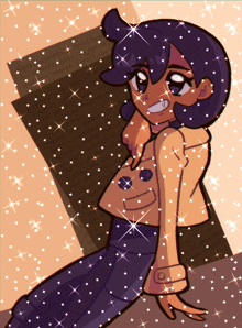 a cartoon drawing of a girl with a purple hair and a yellow jacket
