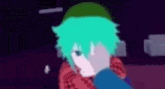 a person with green hair is covering their face with their hand .