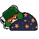 a pixel art drawing of a person sleeping on a blanket with stars .