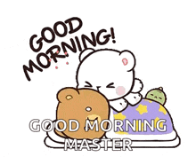 a couple of teddy bears laying on top of each other with the words `` good morning ! ''