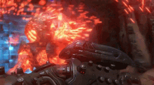 a video game is being played in a dark room with fire coming out of the walls