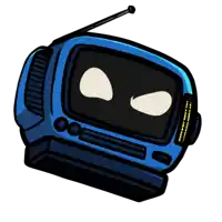 a cartoon drawing of a blue television with a strange face on it