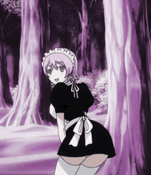a girl with pink hair is wearing a maid outfit in a purple forest