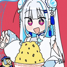 a cartoon drawing of a girl with white hair holding a container of rice