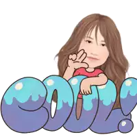 a cartoon girl is giving a peace sign in front of a blue bubble that says cool