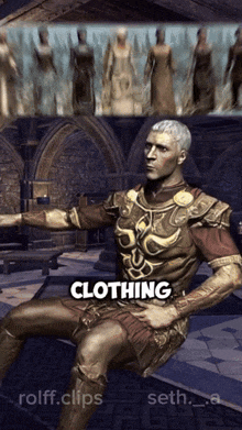 a screenshot of a video game shows a man in armor and the words clothing