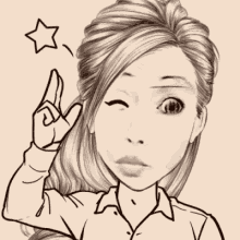 a black and white drawing of a woman giving a peace sign