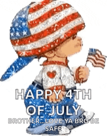 a little boy wearing an american flag hat is holding an american flag and a happy 4th of july message .