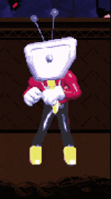 a pixel art drawing of a robot with a head that looks like a toilet seat