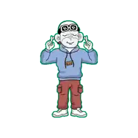 a cartoon of a man wearing a blue hoodie and red pants