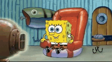 spongebob watching tv smile change channel watching
