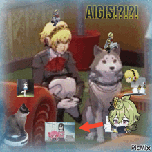 a picture of a girl sitting on a couch next to a dog with the caption aigis ! ? ! ?