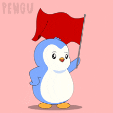 a cartoon penguin holding a red flag with the word pengu on the bottom