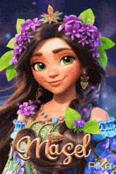 a girl with purple flowers in her hair and the name mazel