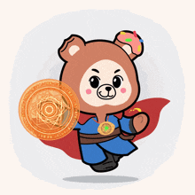 a cartoon of a teddy bear holding a cupcake and a coin that says ' a ' on it