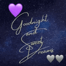 a goodnight and sweet dreams greeting card with purple hearts