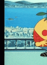 a cartoon character is standing on a balcony with a city in the background