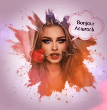 a painting of a woman with a rose in her mouth and a speech bubble saying bonjour asiarock