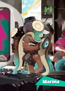 a cartoon character named marina is wearing headphones and standing next to a dj mixer .