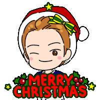 a cartoon of a boy wearing a santa hat with the words merry christmas behind him
