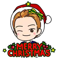 a cartoon of a boy wearing a santa hat with the words merry christmas behind him