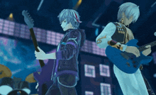 two anime characters are playing guitars on stage