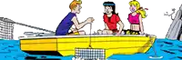 a cartoon of three people in a yellow boat
