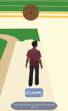 a man in a red shirt is standing in front of a cookie and a claim button