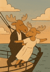 a couple of moose are dancing on a boat in the ocean