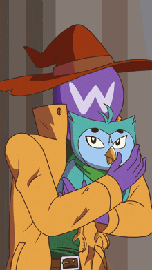 a cartoon drawing of a man holding a bird with the letter w on it
