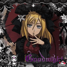 a picture of a girl with an umbrella and the words goodnight written on it