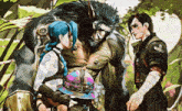 a woman with blue braids stands next to a man with horns