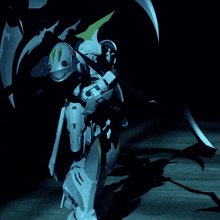 a robot with a large scythe on its back