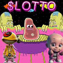 a poster for slotto with cartoon characters and a cartoon meat
