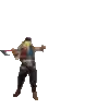 a woman is holding a large axe in her hands while dancing .