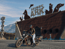 a woman is riding a motorcycle in front of a building that says ark