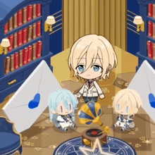 a group of anime characters sitting around a record player