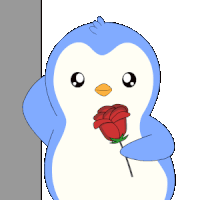 a penguin is holding a red rose in its beak